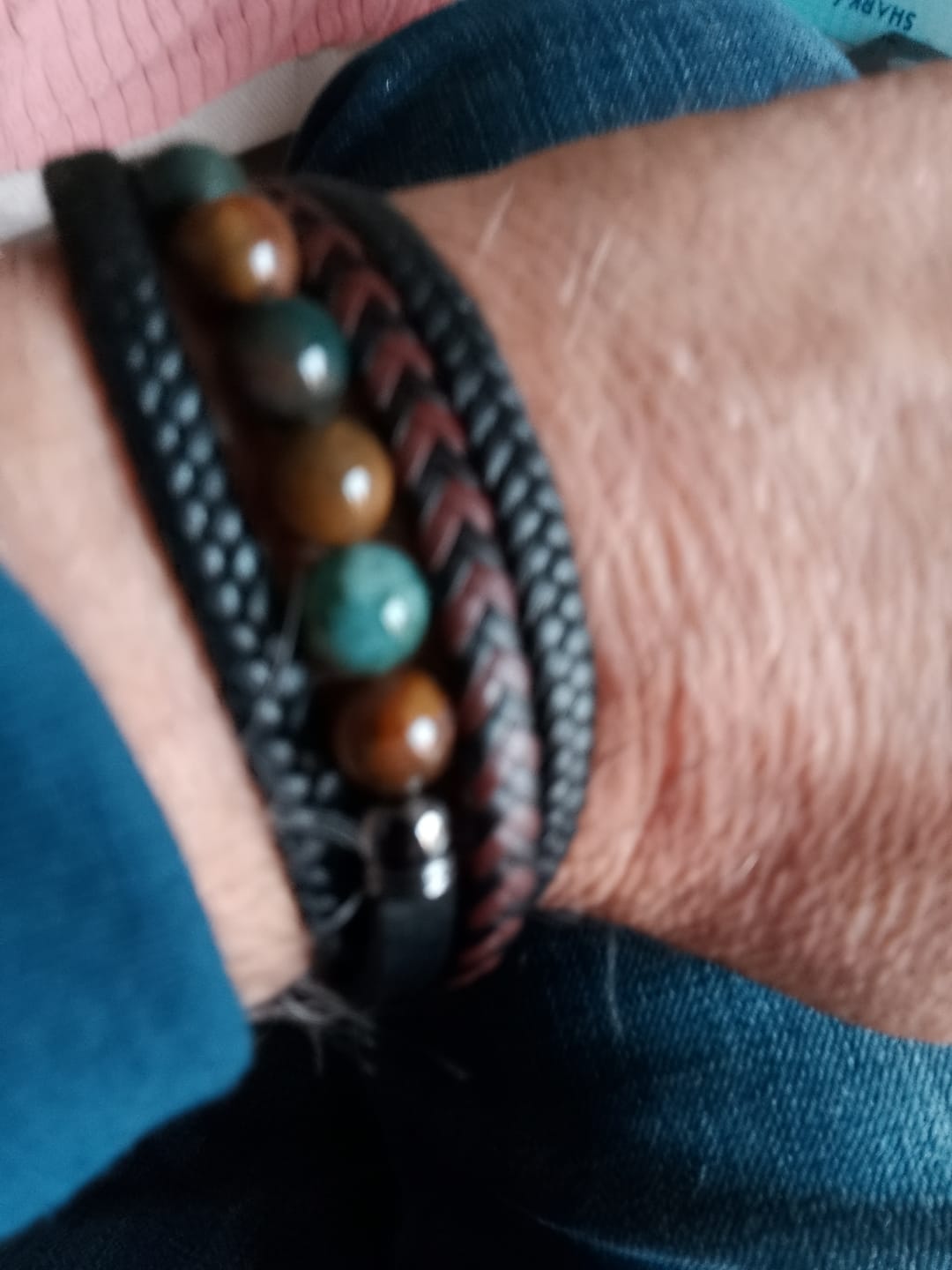 Customer photo review of Buddha Stones Tiger Eye Lava Rock Black Onyx Lazurite Hematite Bead Positive Leather Bracelet