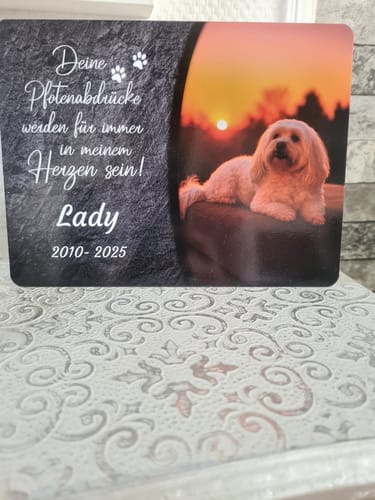 Customer photo review of Hunde Gedenktafel mit Foto & Spruch (UV- & Wetterfest)