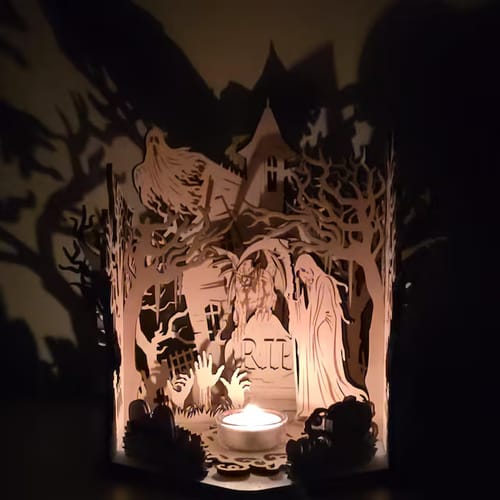Customer photo review of Halloween scene table lamp laser cut svg file