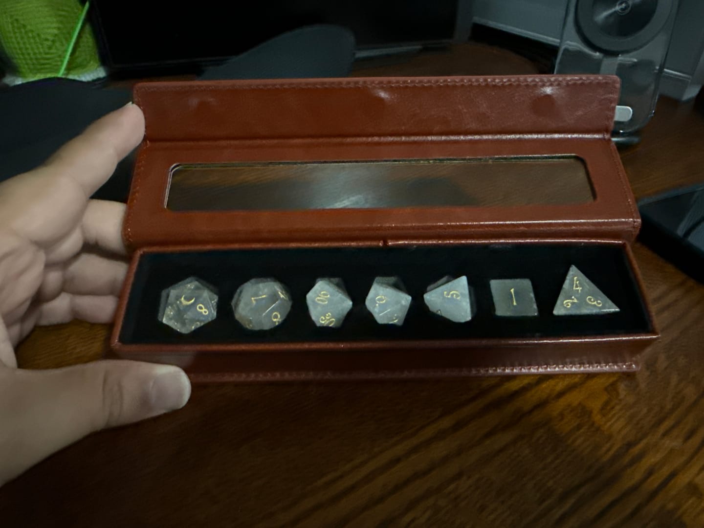 Customer photo review of URWizards D&D Phantom Quartz Gemstone Engraved Dice Set(Limited edition)