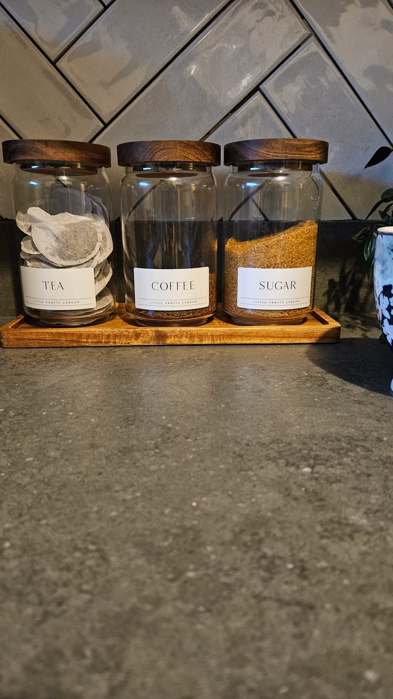 Customer photo review of Set of 3 Acacia Glass Jars Tea, Coffee and Sugar 750 ML & Rectangle Tray [LABEL SLIM]