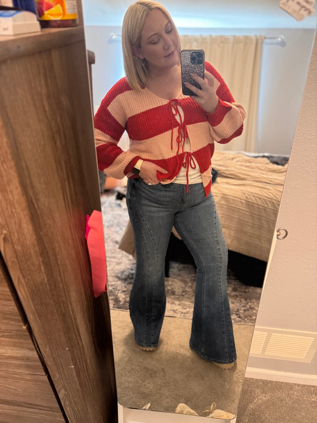 Customer photo review of Judy Blue Mid-Rise Flare Double Angular Seam Jeans