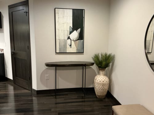 Customer photo review of Wallflower Nap - Minimalist Cat Wall Art Black and White Cat in Abstract Tiled Space