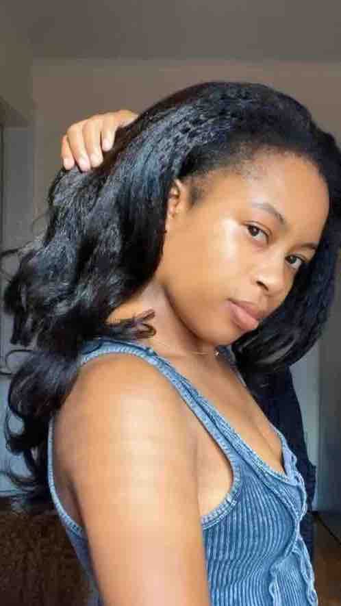 Customer photo review of Wavymy Upgrade Drawstring Half Wig Lazy Layered Yaki Wave Wig Human Hair No Glue No Lace Pre-Styled Wig