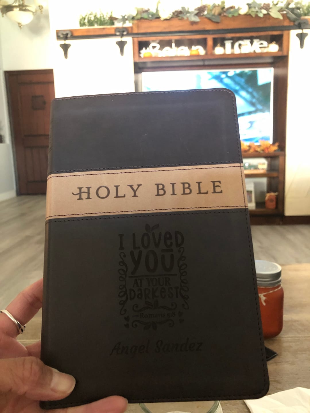 Customer photo review of Personalized NLT Dark Brown/Tan Bible - Engraved Verse