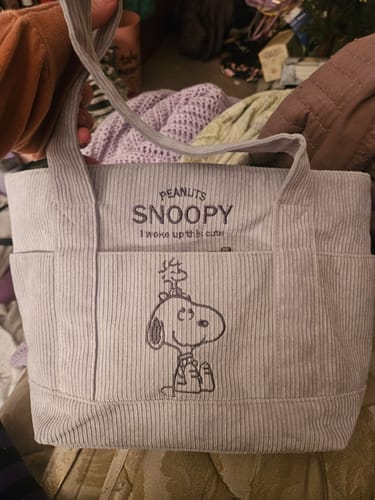 Customer photo review of Peanuts Snoopy Corduroy Tote Bag - I Woke Up This Cute (4 Colors)