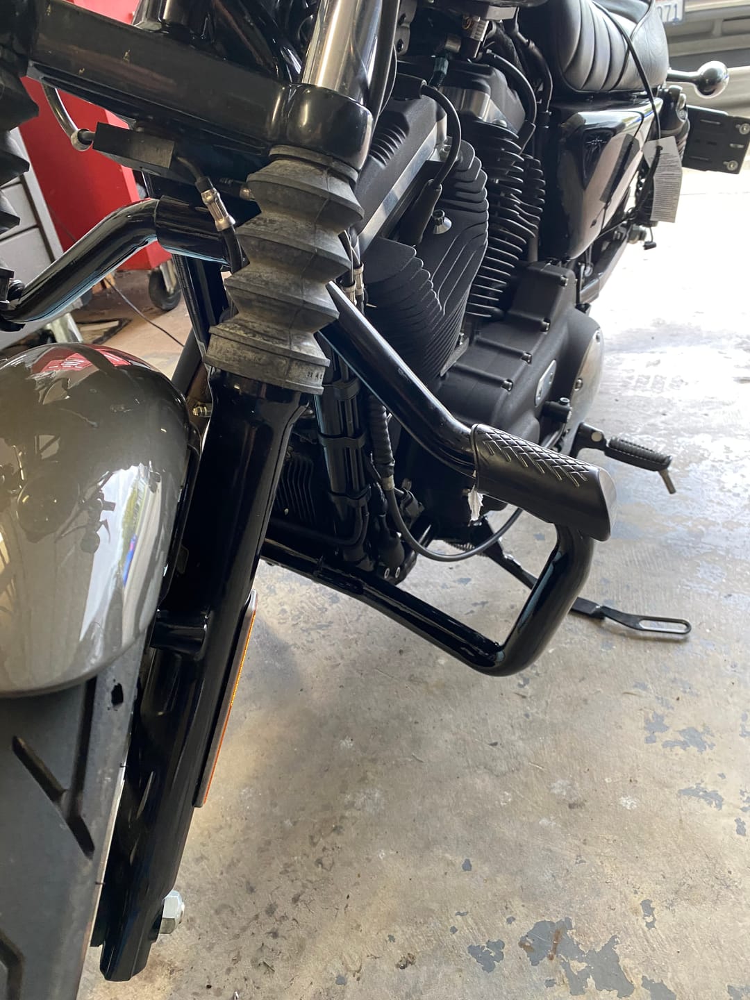 Customer photo review of Viking Iron Born Motorcycle Crash Bar/Engine Guard for Harley Sportster 883 Iron XL883N Gloss Black