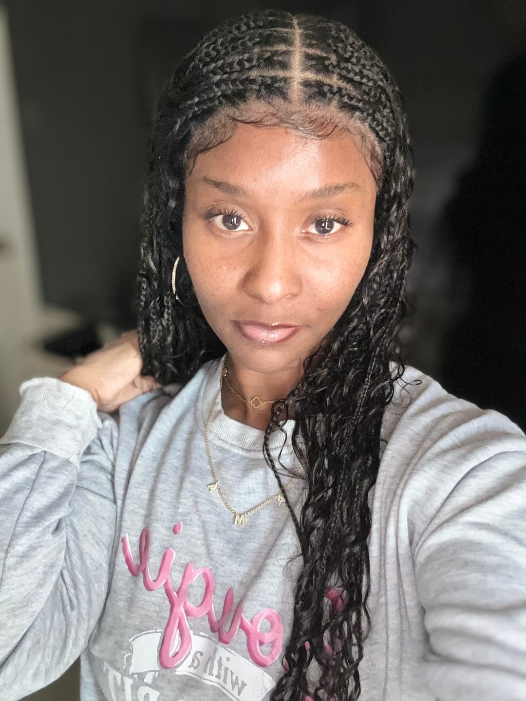 Customer photo review of Essential Choice: 16-36" Human Hair Boho Curls Hand Tied Swiss HD Full Lace Knotless Braided Wig