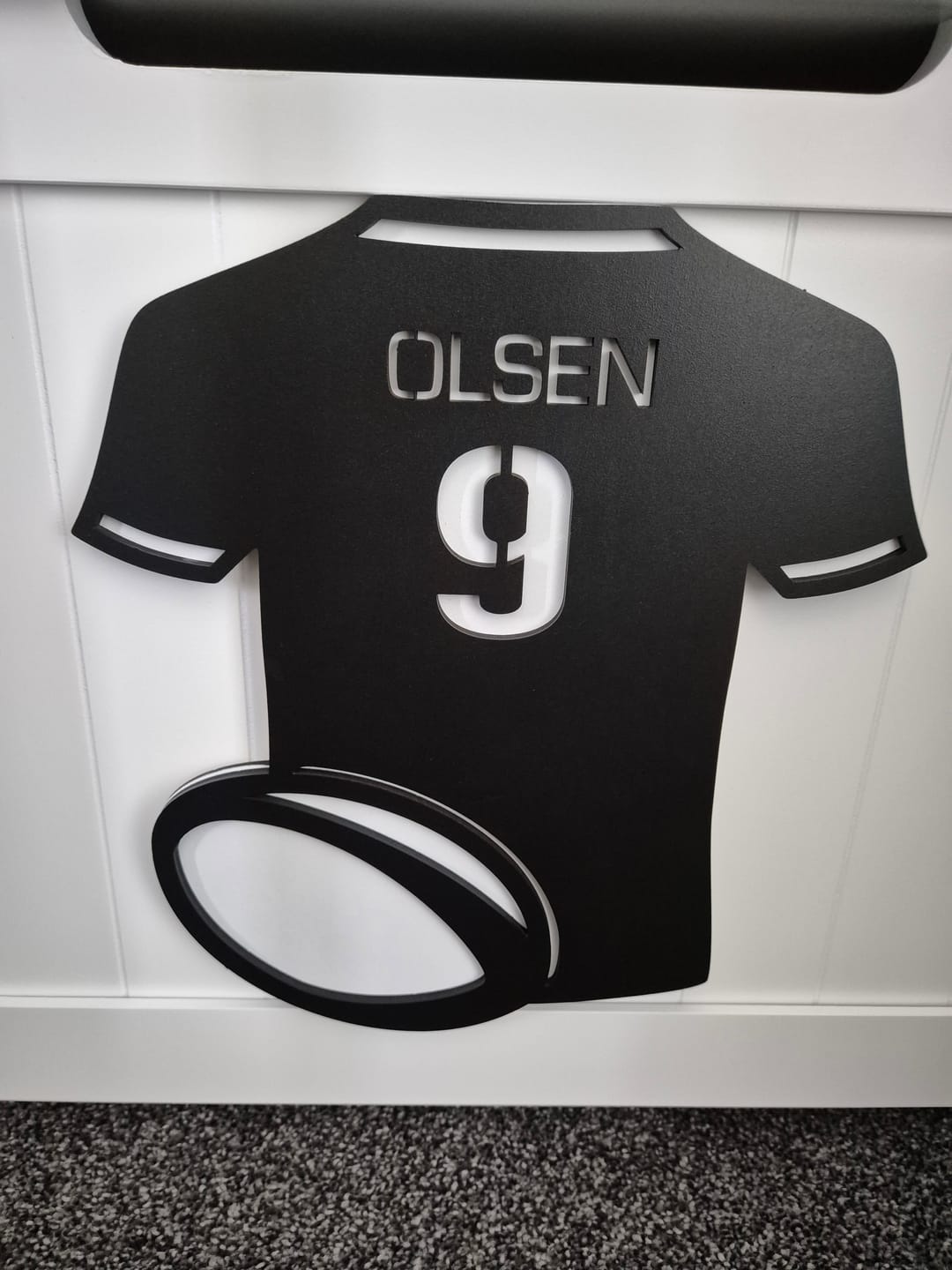 Customer photo review of Personalised Rugby Shirt Name Sign