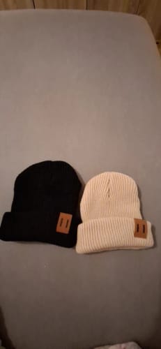 Customer photo review of Boys Knit Leather Patch Beanie Hat