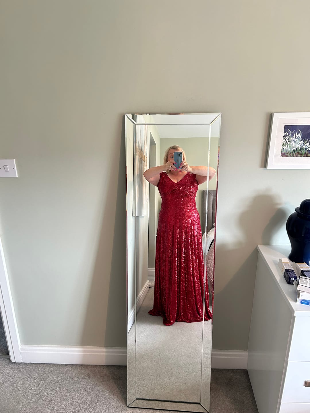 Customer photo review of LAST FEW AVAILABLE - 'Ruby Red' Sequin Swing Gown