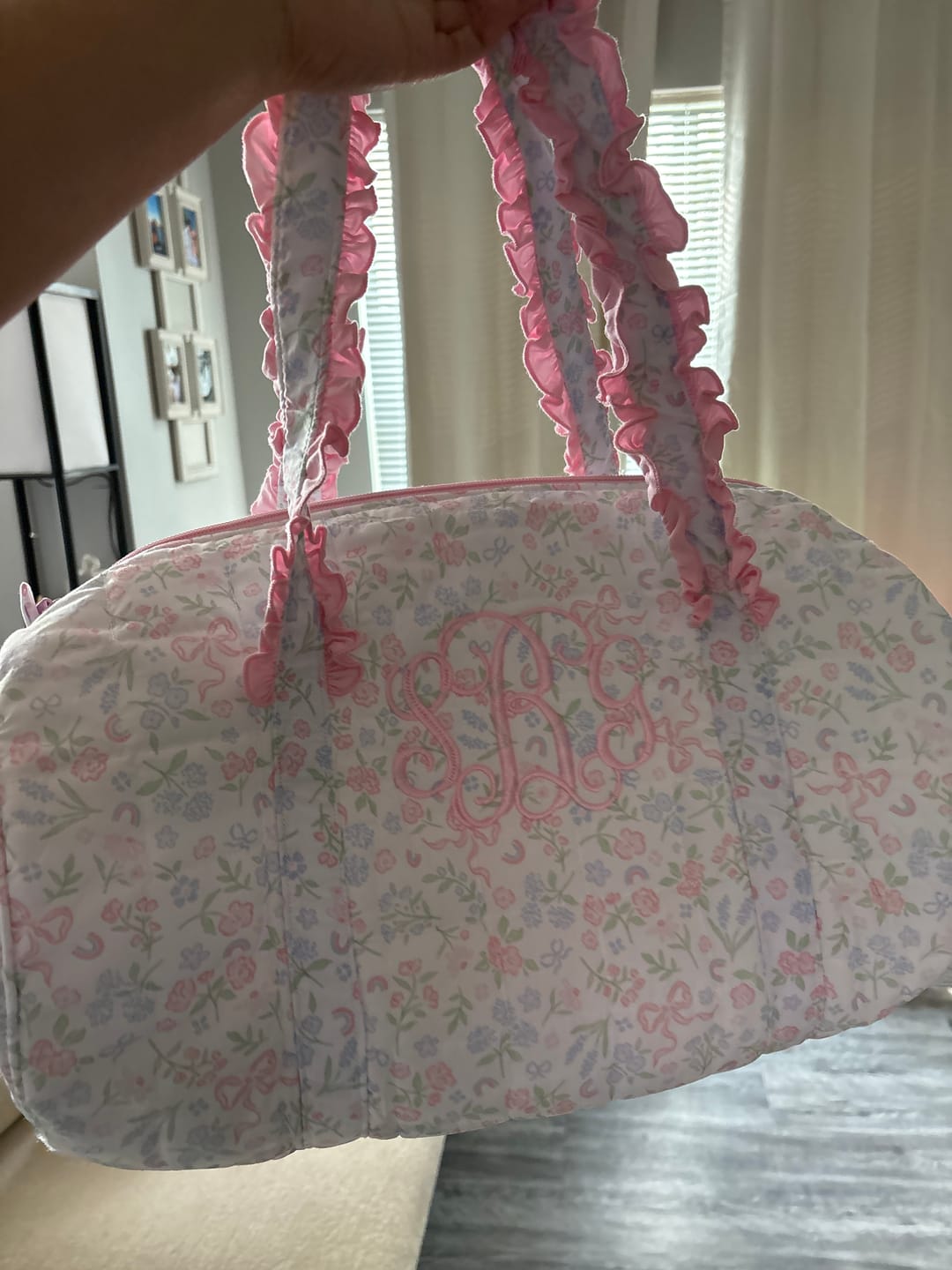 Customer photo review of PASTEL FLORAL & BOWS QUILTED DUFFEL