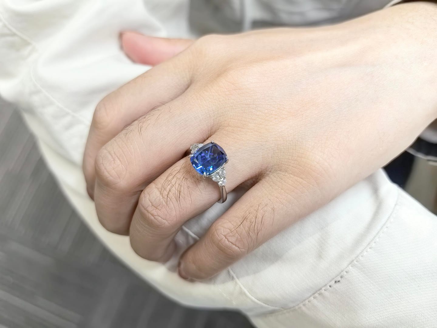 Customer photo review of 4.0Ct Cushion Cut Side Stone Engagement Ring Travel Ring In Sterling Silver