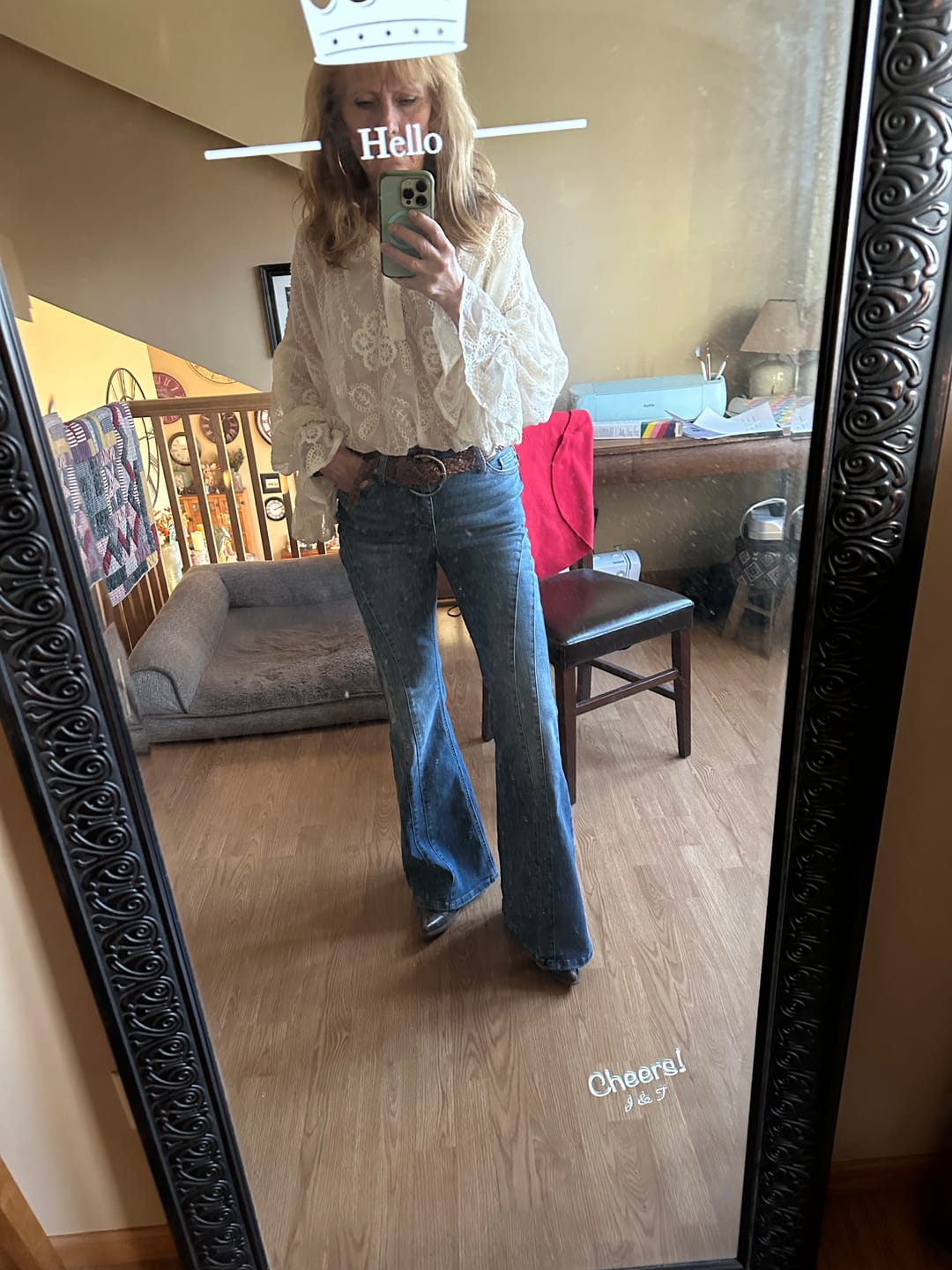 Customer photo review of Judy Blue Mid-Rise Flare Double Angular Seam Jeans