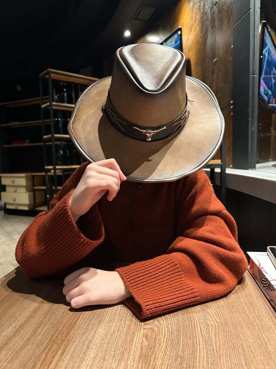 Customer photo review of ZORIANA Turtle-Neck Cashmere Sweater in Terracotta