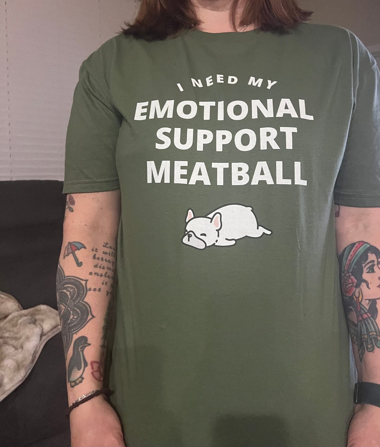 Customer photo review of Emotional Support Meatball Shirt