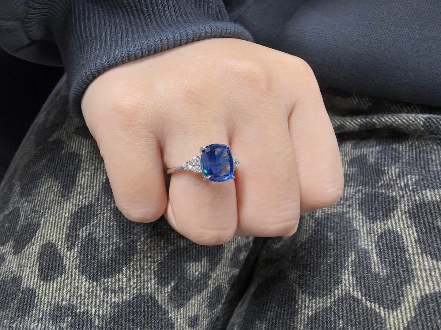 Customer photo review of 4.0Ct Cushion Cut Side Stone Engagement Ring Travel Ring In Sterling Silver