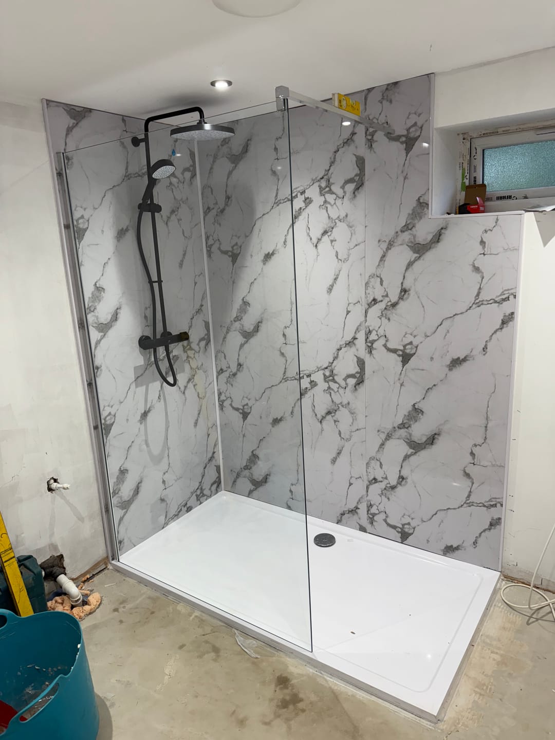 Customer photo review of Premium White Calacatta Gloss Shower Wall Panel – 1M x 2.4M