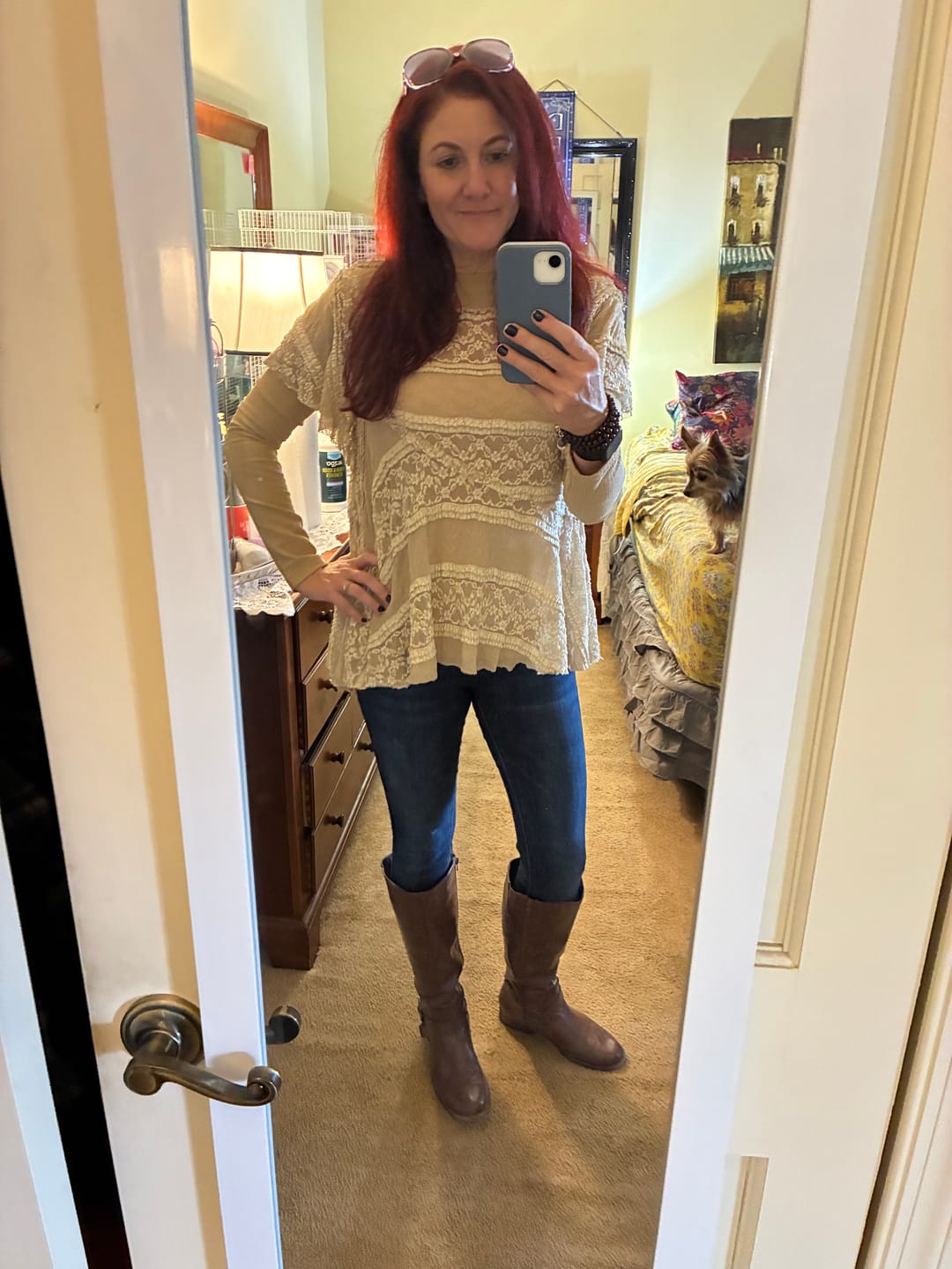 Customer photo review of Long Sleeve Layered Top with Lace Panels in Sand