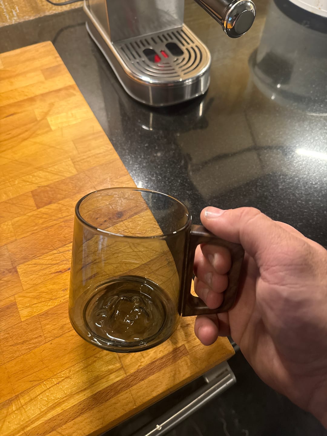 Customer photo review of Smokey Gray Glass Slanted Coffee Cups With Wooden Handle