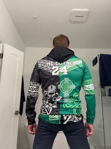 Customer photo review of New Zealand And Ireland Rugby Custom Hoodie Maori Tiki With Shamrock LT05