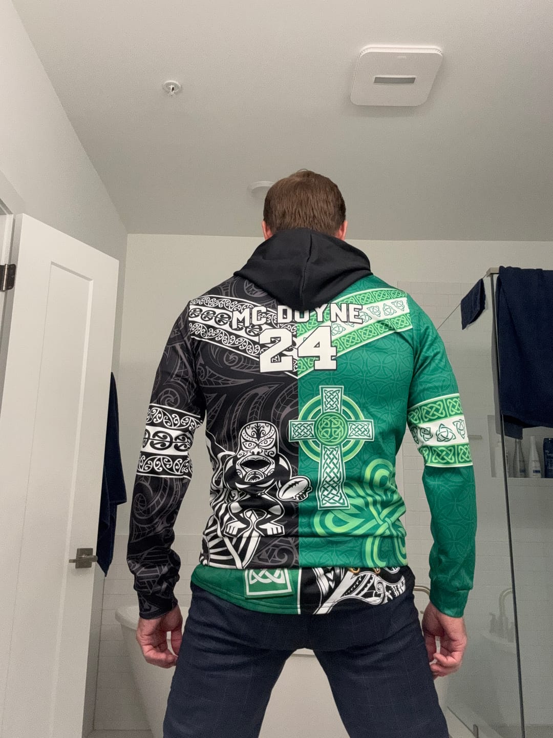 Customer photo review of New Zealand And Ireland Rugby Custom Hoodie Maori Tiki With Shamrock LT05
