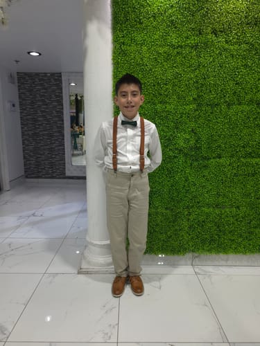 Customer photo review of Emerald Green Bow Tie in Satin & Cognac Buckle Suspenders Set