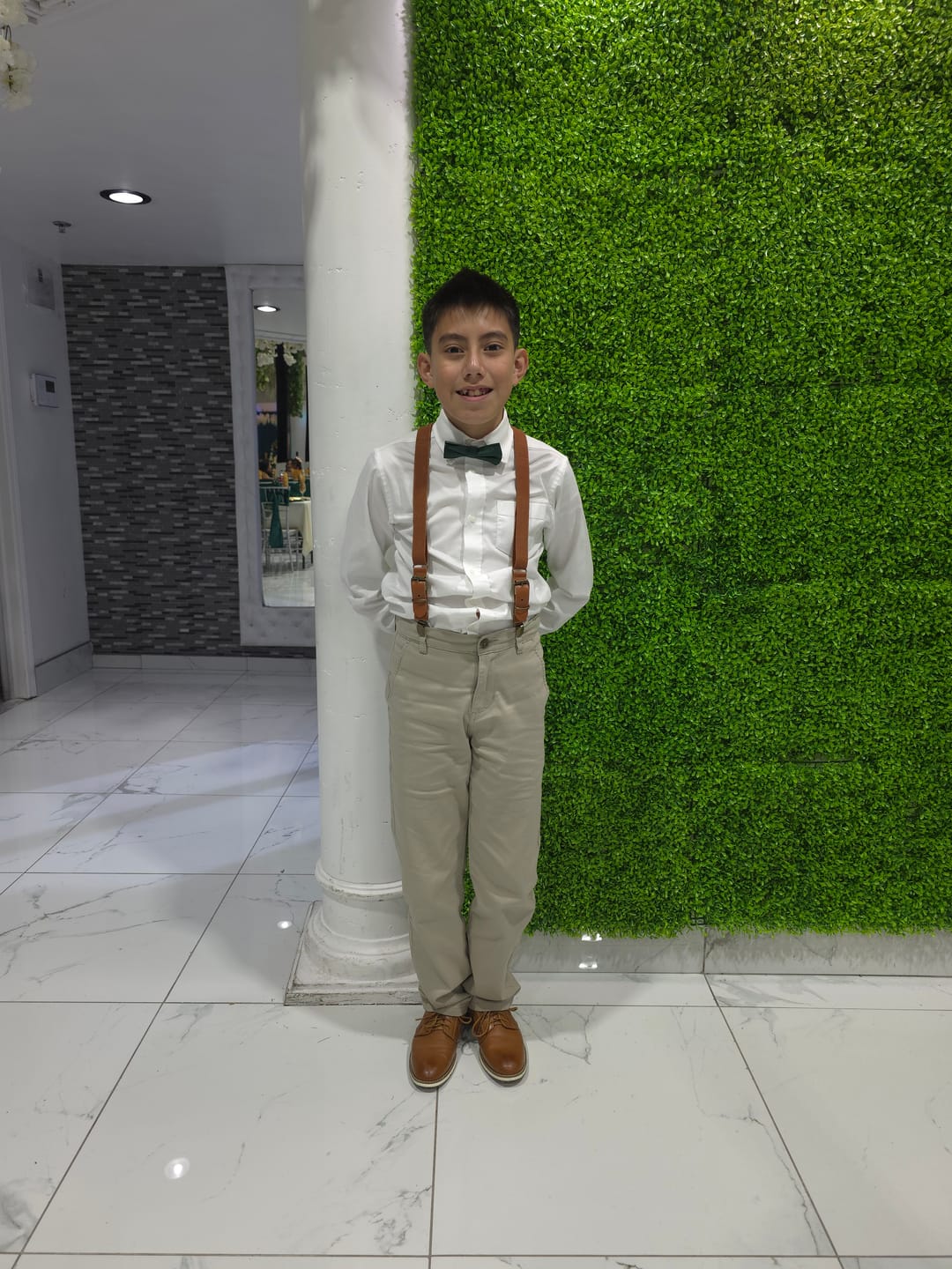Customer photo review of Emerald Green Bow Tie in Satin & Cognac Buckle Suspenders Set