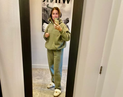 Customer photo review of EMBOSSED STRAIGHT LEG SWEATPANTS SAGE