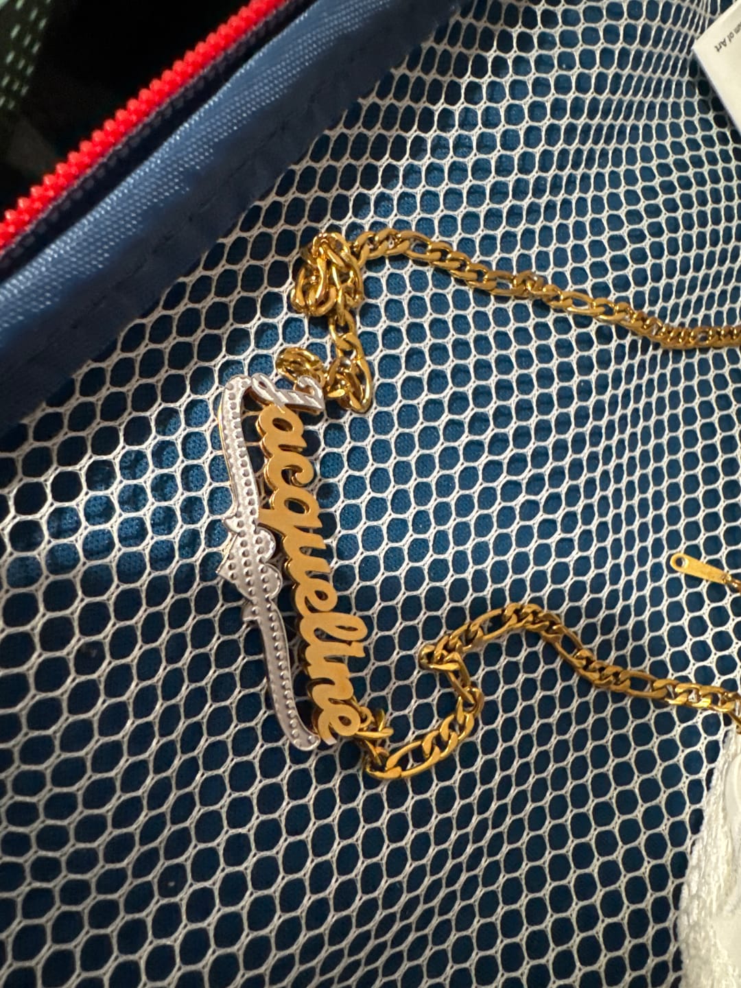 Customer photo review of Double Plated Script Name Necklace w/ Figaro Chain