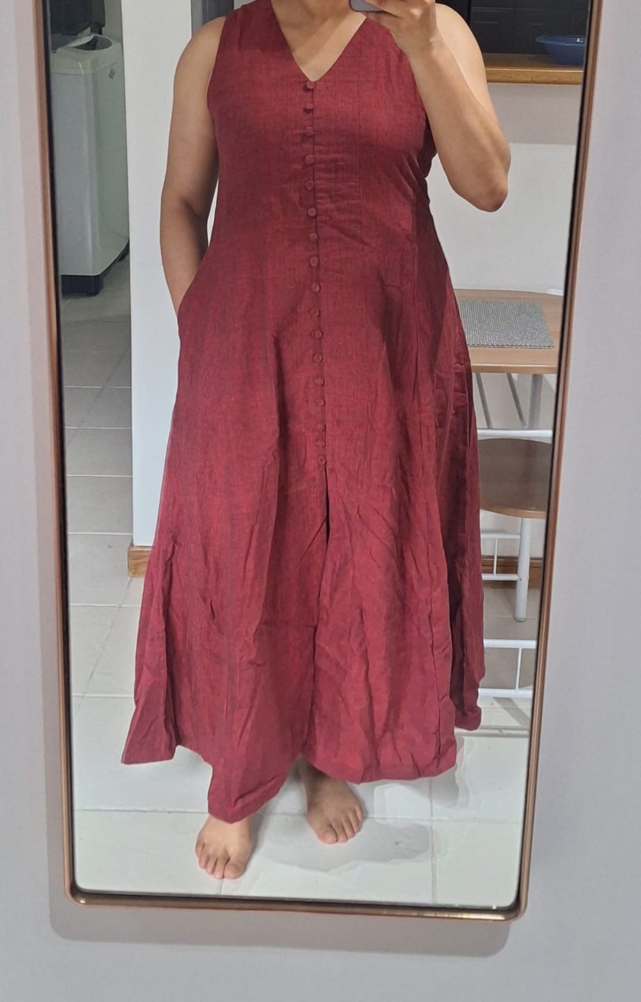 Customer photo review of Maroon Handspun Cotton A-Line Front Slit Maxi Dress