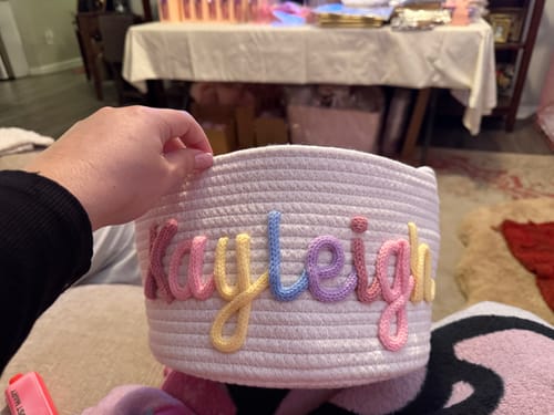 Customer photo review of Baby Knits™  Multicolor Personalized Knitted Basket