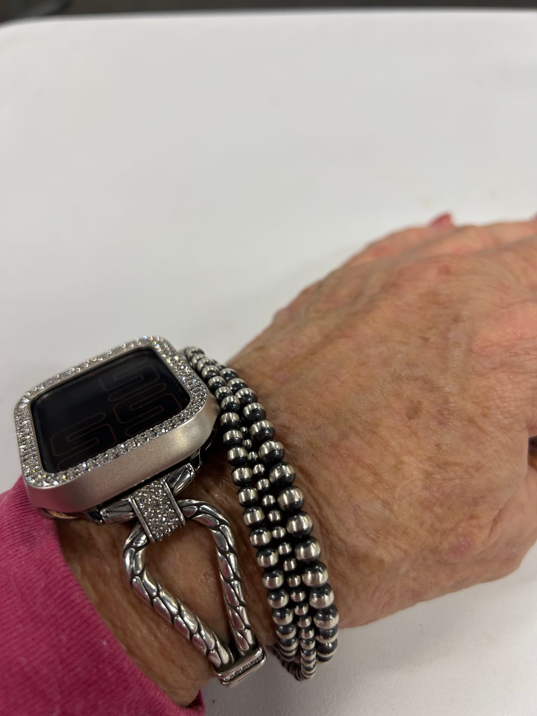 Customer photo review of Navajo Sterling Silver Pearl Triple-Strand Beaded Bracelet
