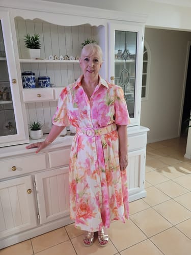 Customer photo review of Sunset Bouquet Maxi Shirt Dress in Pink Multi Floral Linen Blend