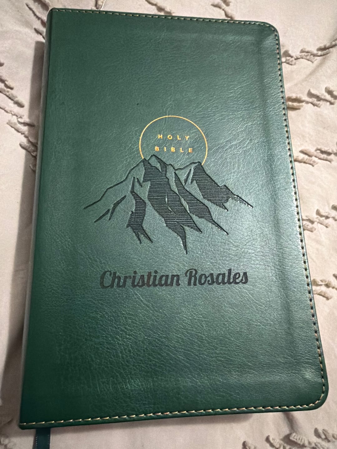 Customer photo review of Personalized NLT Evergreen Mountain Bible - Engraved Cross Frame