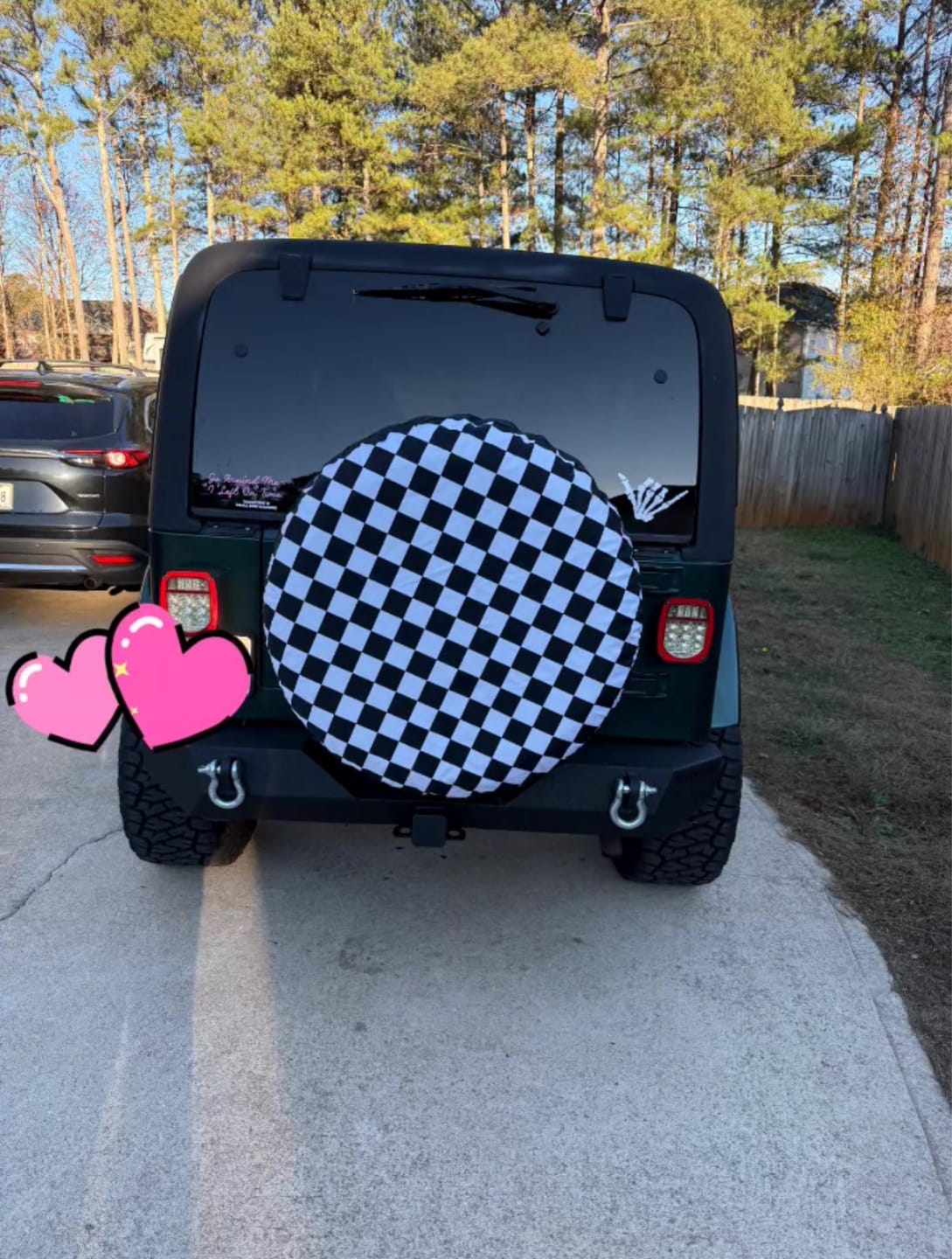 Customer photo review of Checkered Spare Tire Cover, Black White Check Extra Rear Wheel Backup Camera Hole Racing Flag Pattern Back Tire Camper Rv Trailer Car Auto