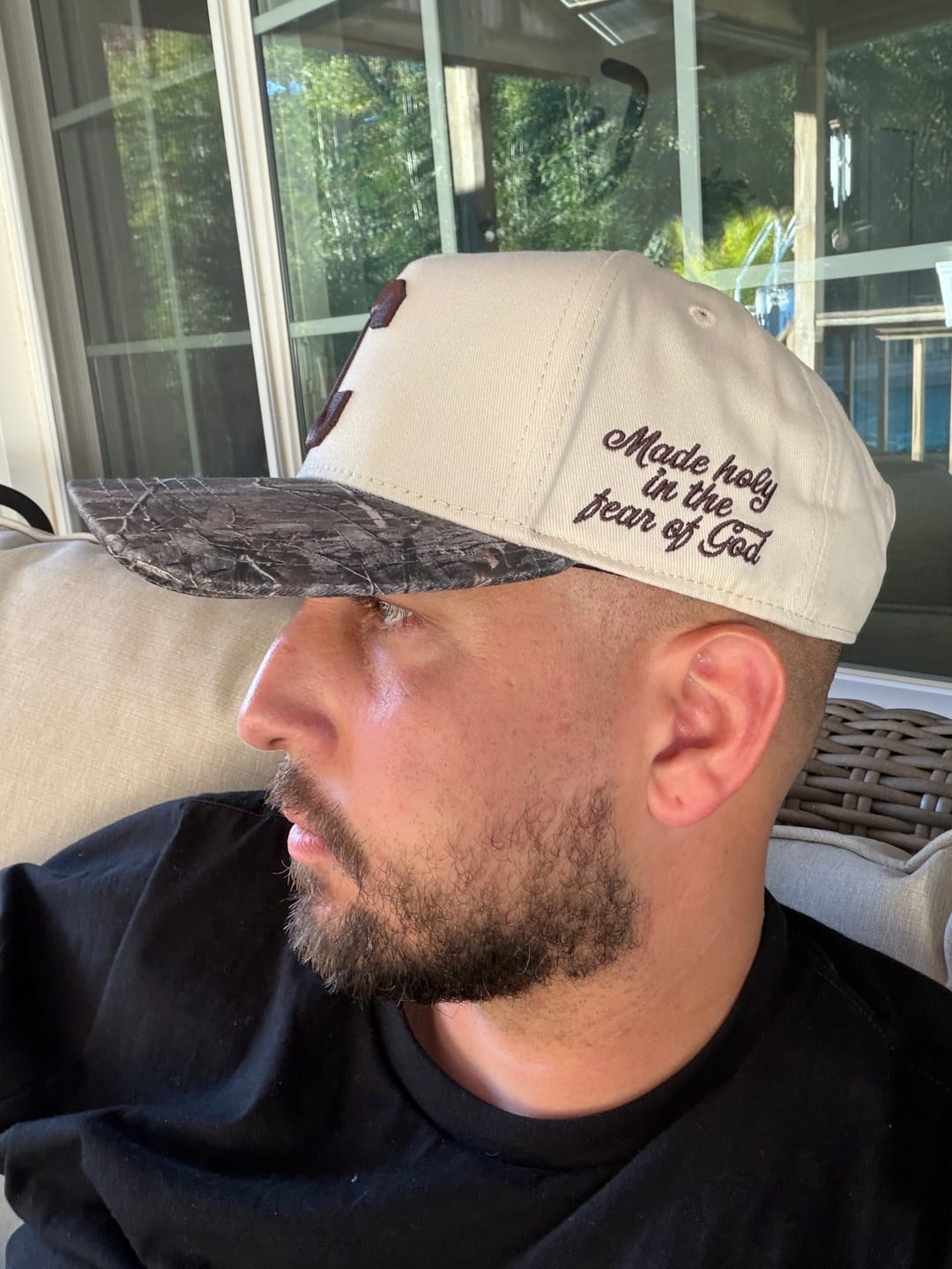 Customer photo review of CONSECRATED Premium SnapBack (Structured) - Cream/Malta Woodland Camo