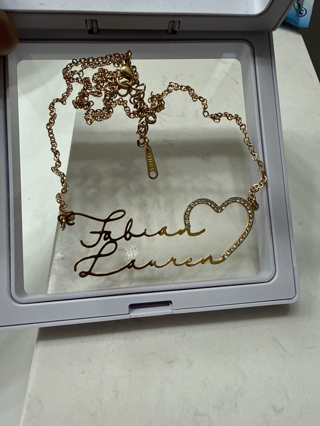 Customer photo review of Iced Heart Double Script Name Necklace