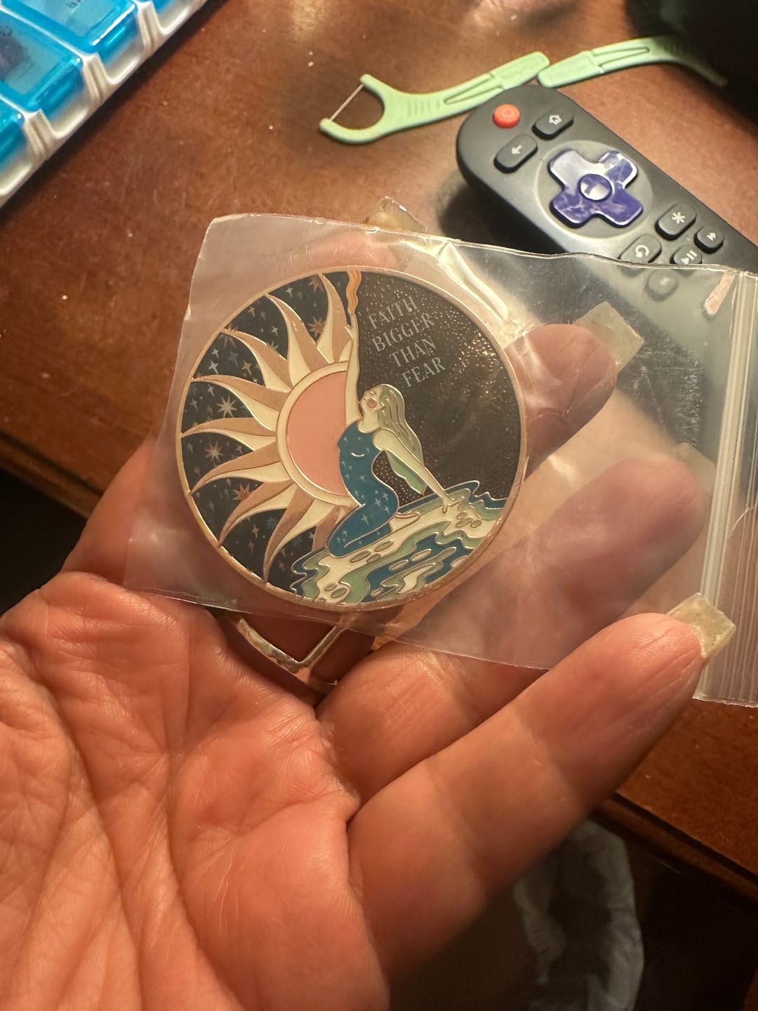 Customer photo review of Faith Bigger Than Fear XL 50mm Tri-Plated Specialty AA Affirmation Recovery Medallion - Rose Gold