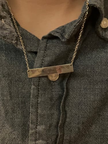 Customer photo review of Soulmate Custom Engraved Text Bar Necklace