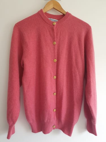 Customer photo review of Vintage Scottish Rose Pink Cashmere Crew Neck Cardigan Medium