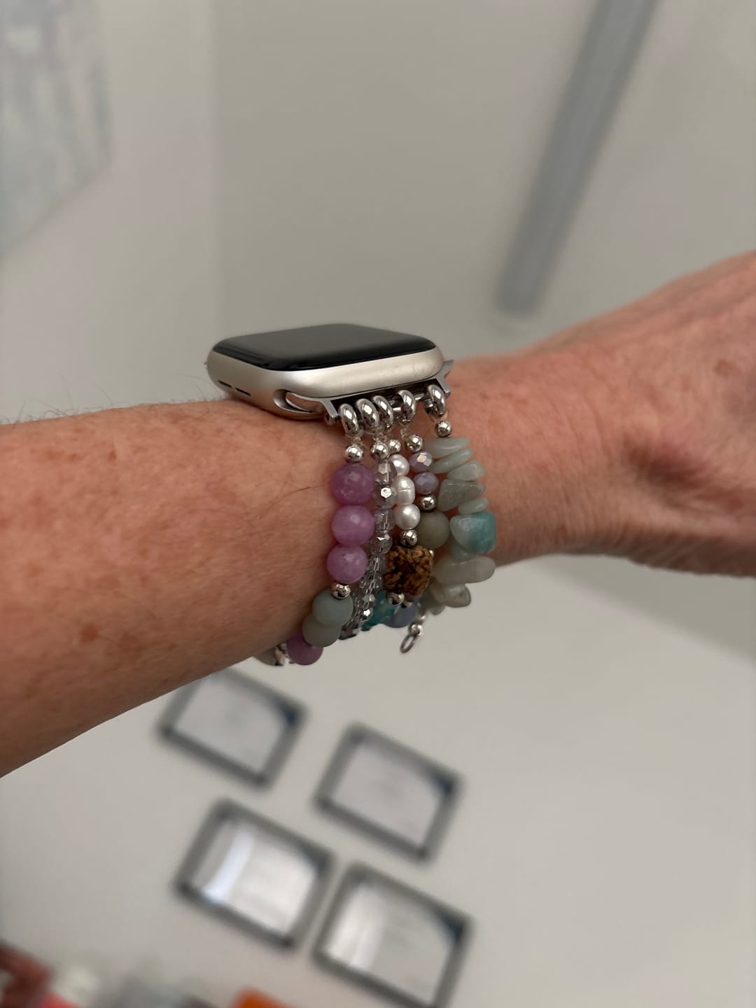 Customer photo review of Seaside Dreams Stretch Apple Watch Strap