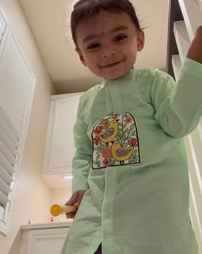 Customer photo review of Organic Cotton Embroidered Green Kurta paired with Pajama Pants - Birds in Bloom