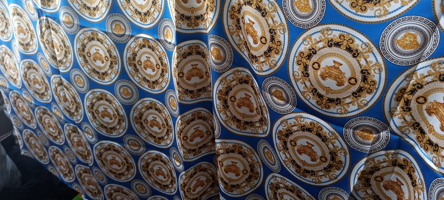 Customer photo review of Royal Blue & Gold Satin Fabric by the Metre – Baroque Medallion