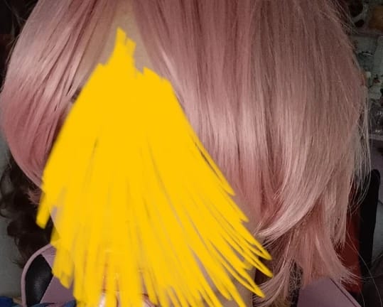 Customer photo review of Synthetic Unisex 12 Inches Short Cosplay Bob Wig With Bangs Pink Blonde Orange Halloween Lolita Look 🎀✨