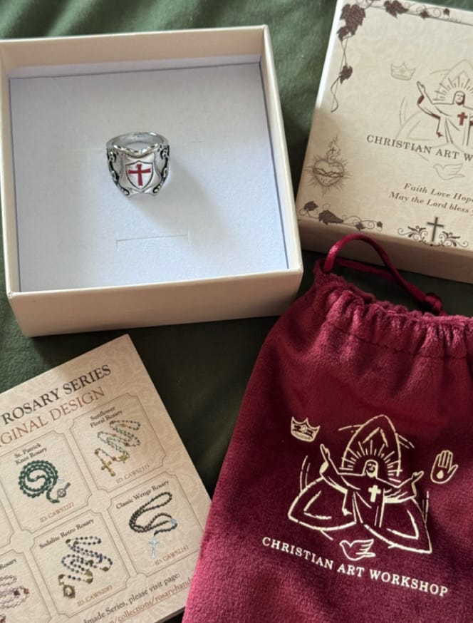 Customer photo review of FREE Today: Medieval Style Red Cross Shield Ring with Knightly Design and Engraved Details