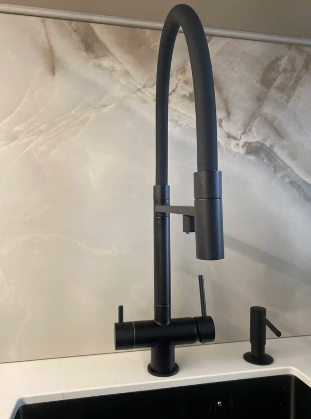 Customer photo review of Trier - Three-Way Kitchen Faucet with Filter Tap Reverse Osmosis Compatible and Pull-Down Spout