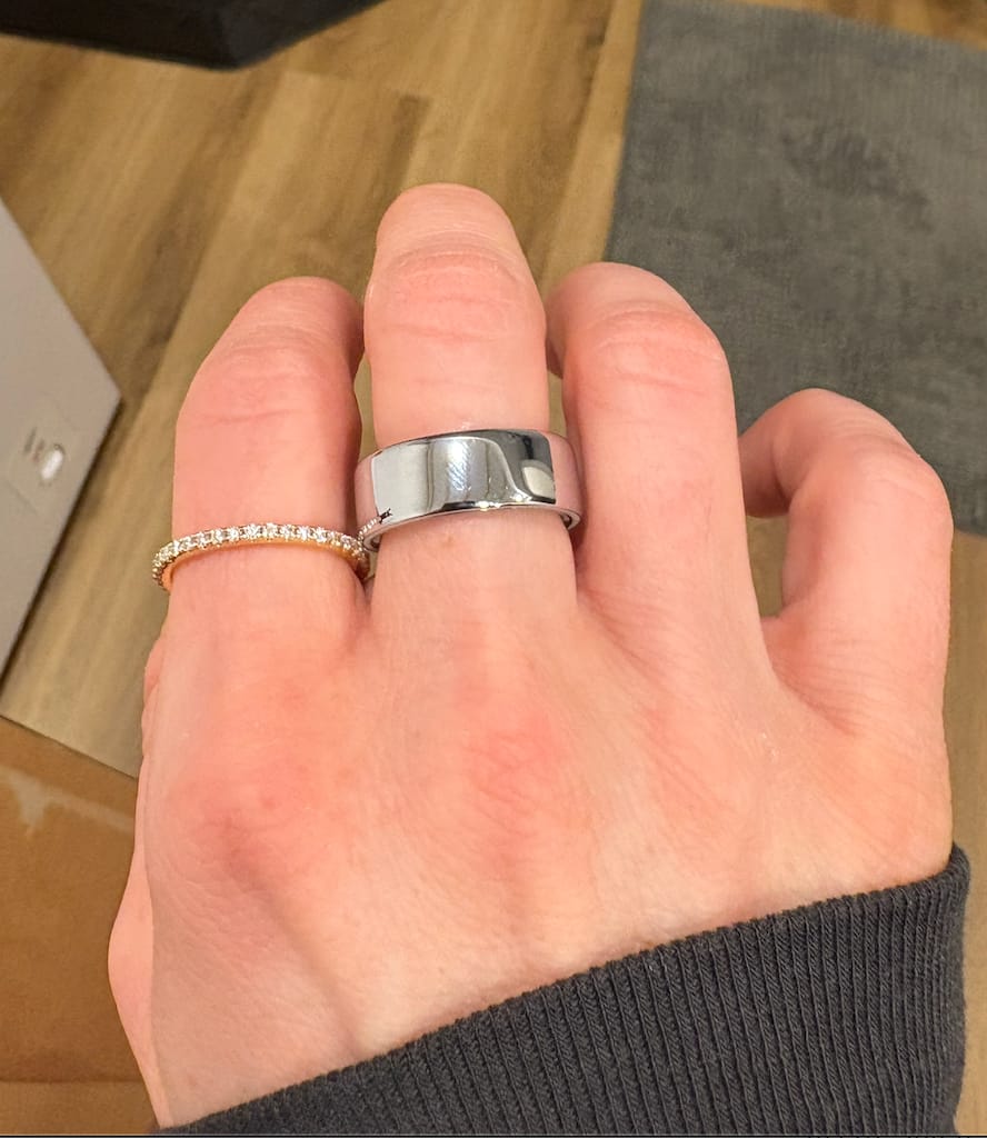 Customer photo review of 1.5mm Moissanite Slim Eternity Ring