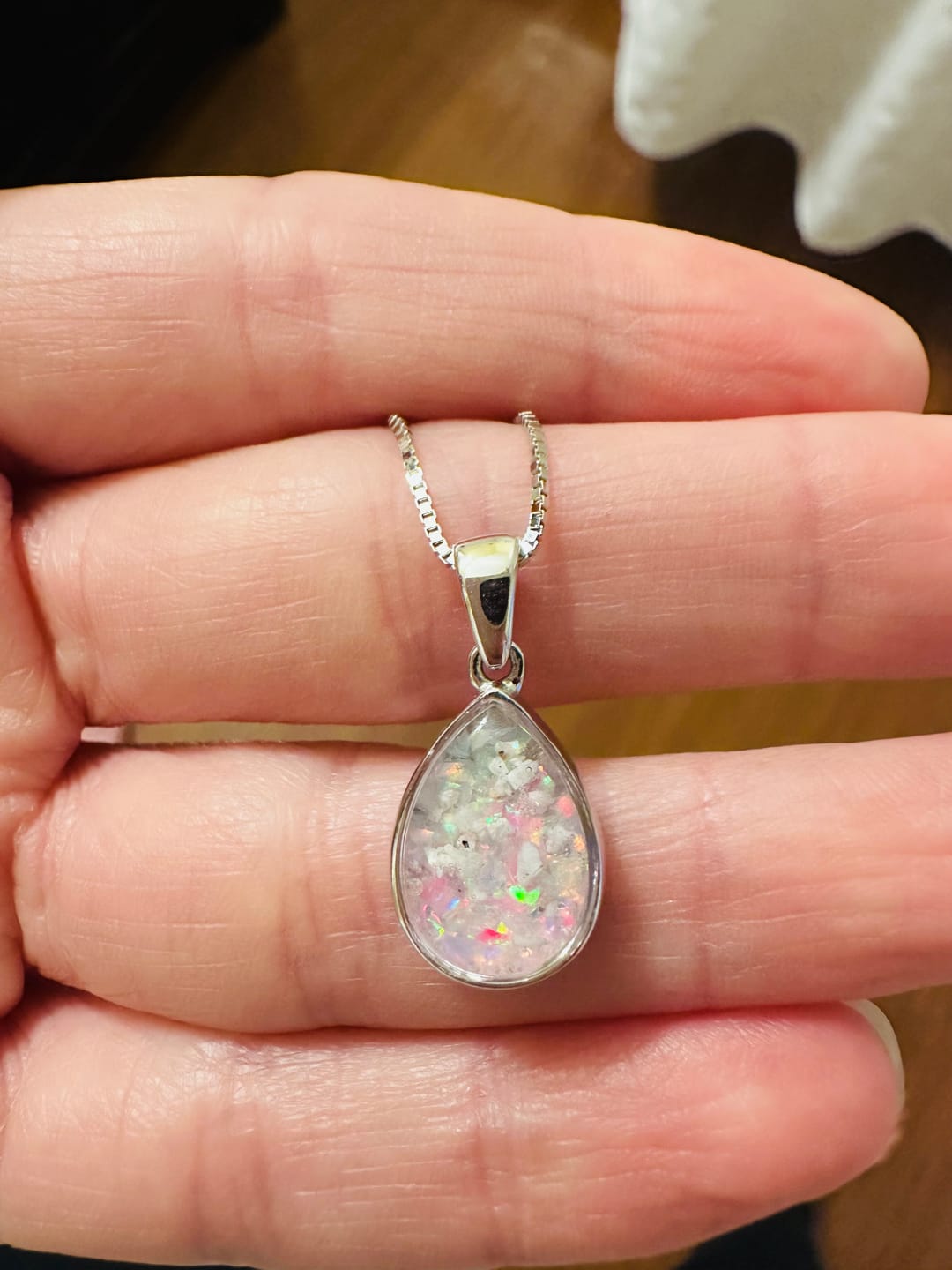 Customer photo review of Petite Pear Drop with Cremation Ashes