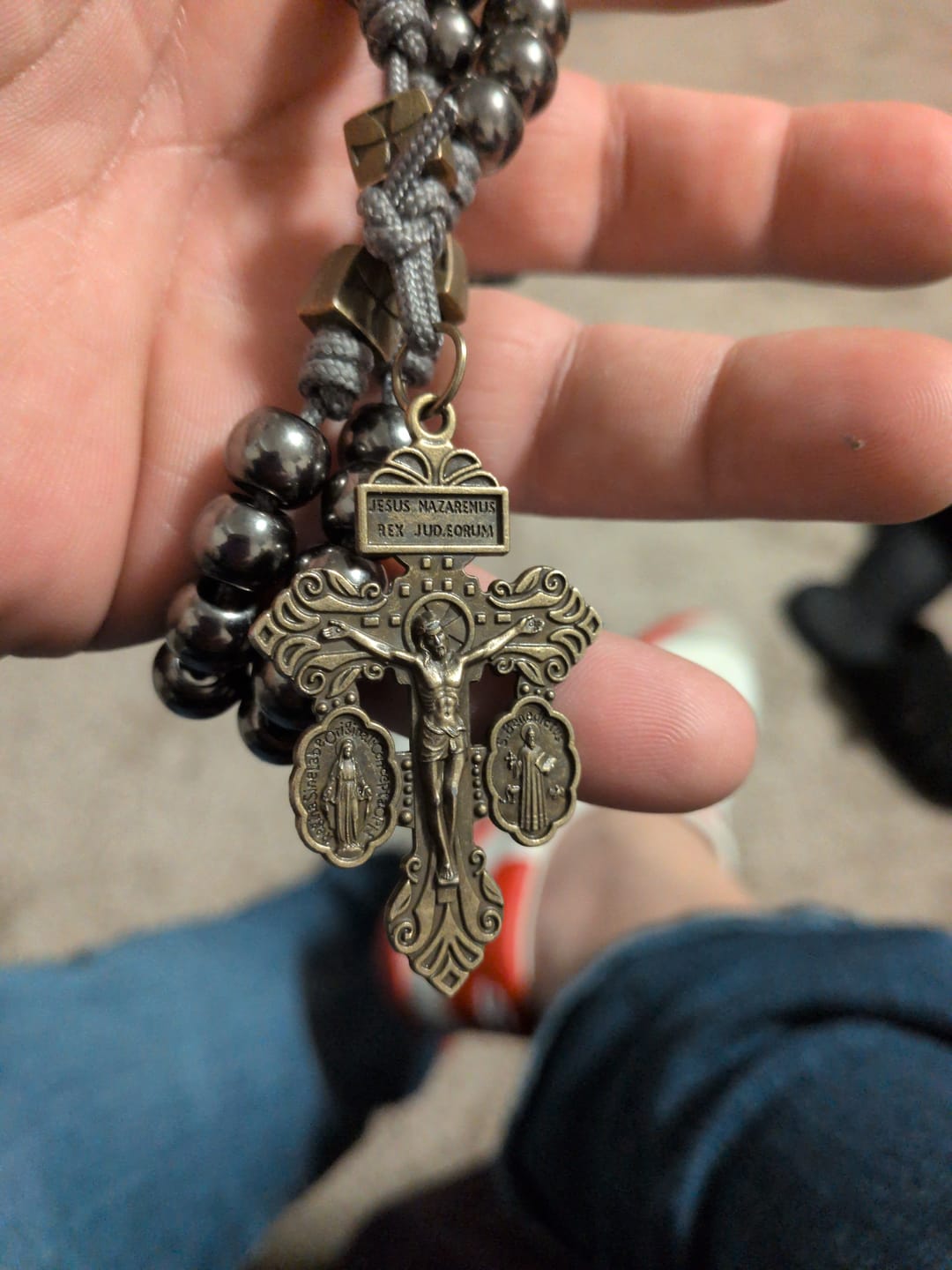Customer photo review of FREE Today: Miraculous Medal & Crucifix of 8 mm Round Silver Black Gallstone Nylon Cord Rosary
